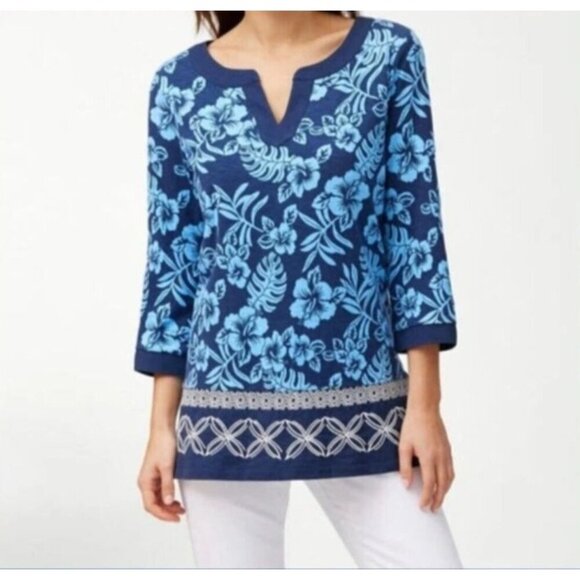 Tommy Bahama Tops - Tommy Bahama Floral Embroidered Tunic Hoani Hibiscus Navy Medium Cotton Modal
